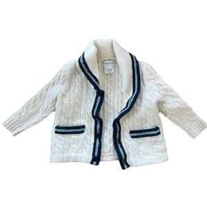 Ralph Lauren White Cable Knit Kids Cardigan with Navy Trim